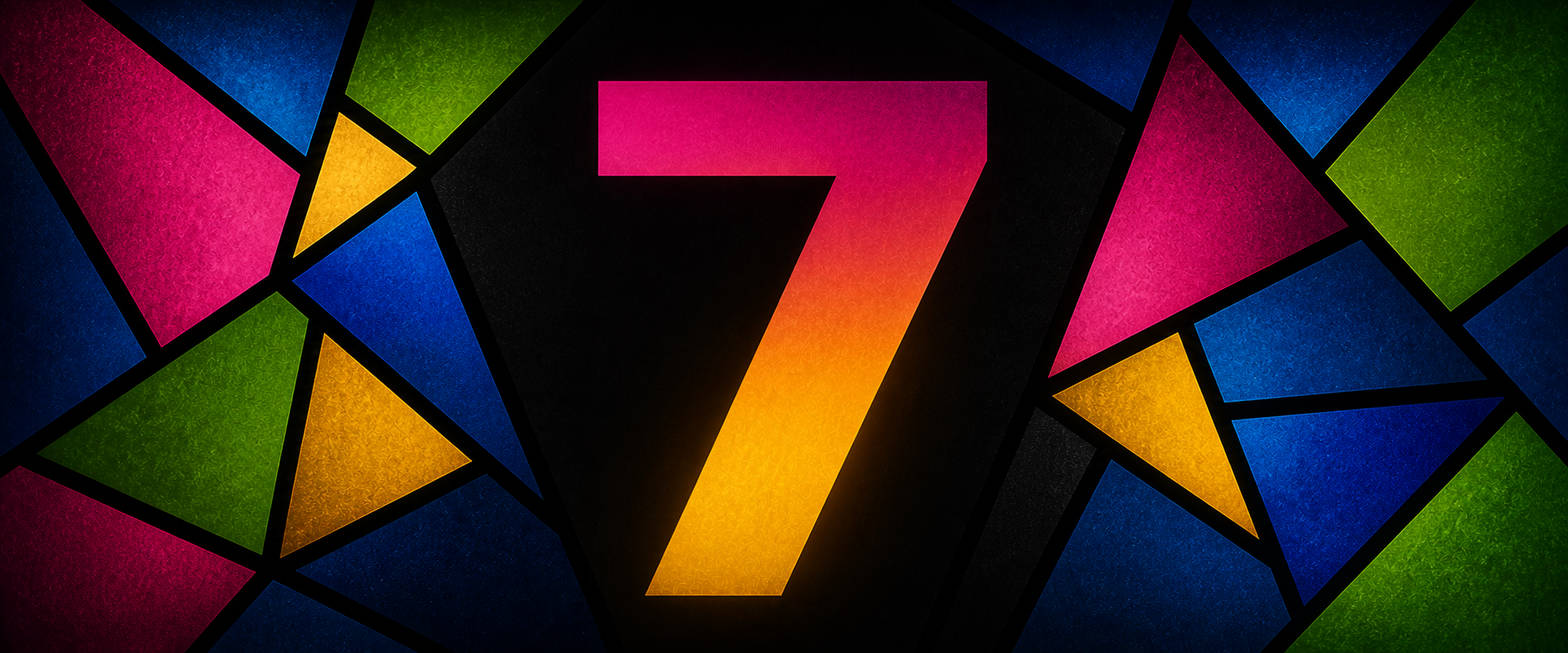 A wide, high-contrast graphic featuring a large gradient ‘7’ glowing in magenta and gold—Sacred Place Turns Seven.