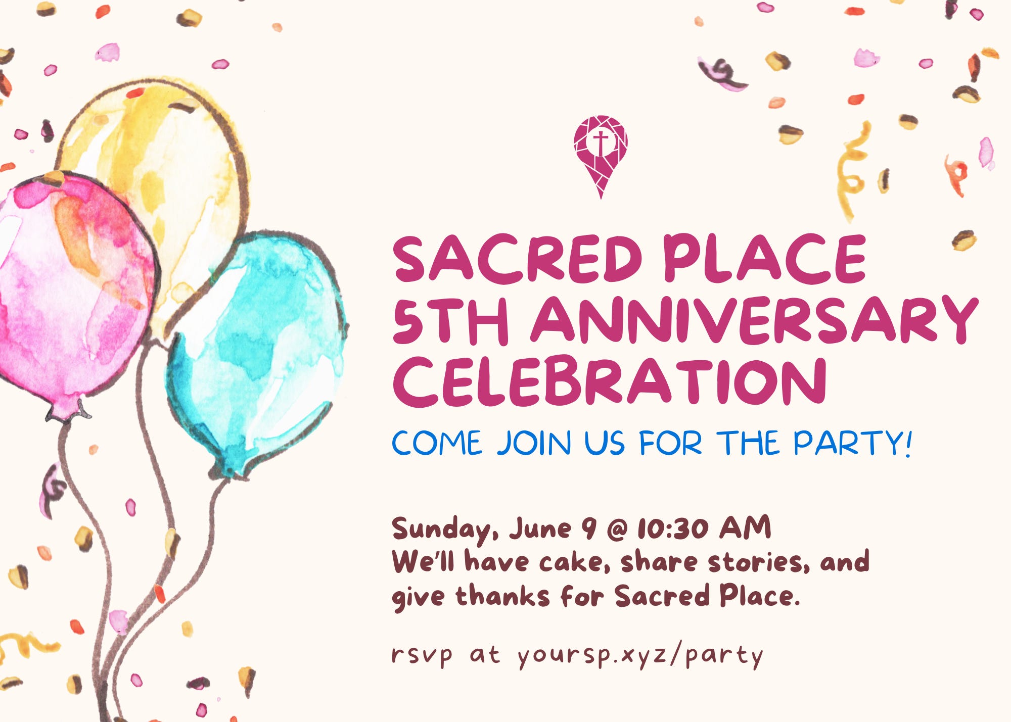 Sacred Pace 5th Anniversary Celebration! Come join us for the party! Sunday, June 9 @ 10:30 AM. We'll have cake, share stories, and give thanks for Sacred Place.