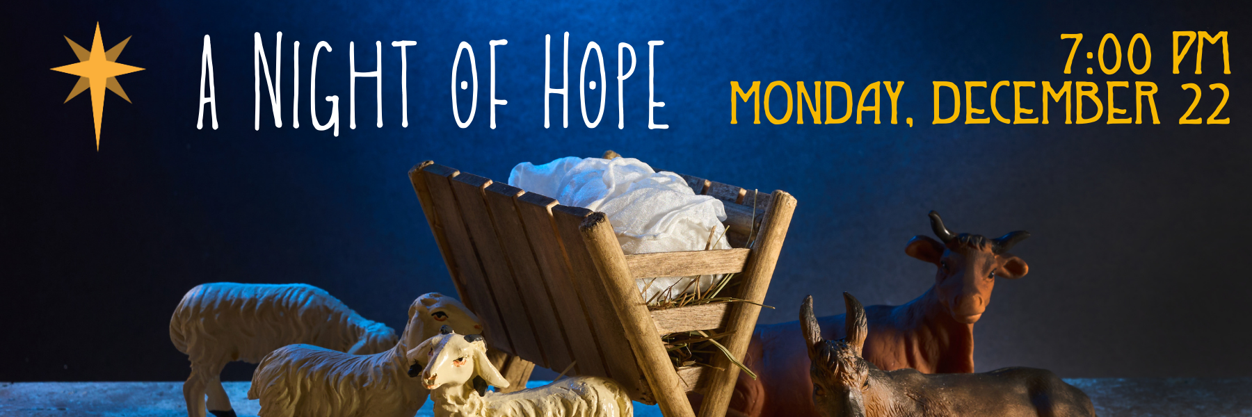 Nativity scene with an empty manger and animals beneath a dark blue night sky, used as a graphic for "A Night of Hope."